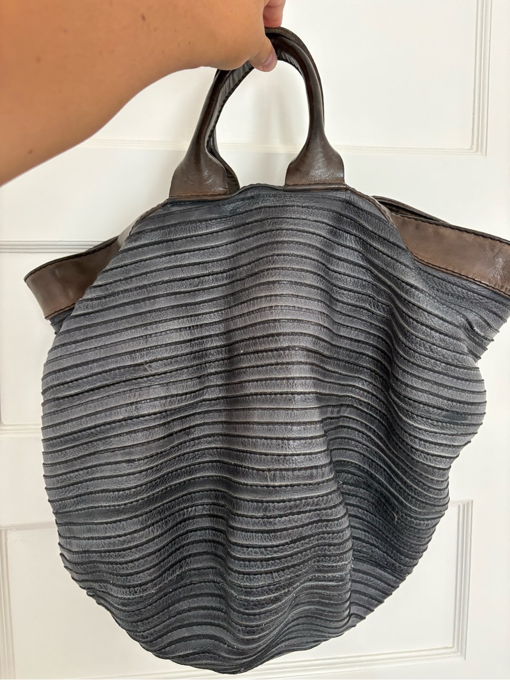 Textured Gray Hobo Tote with Brown Trim